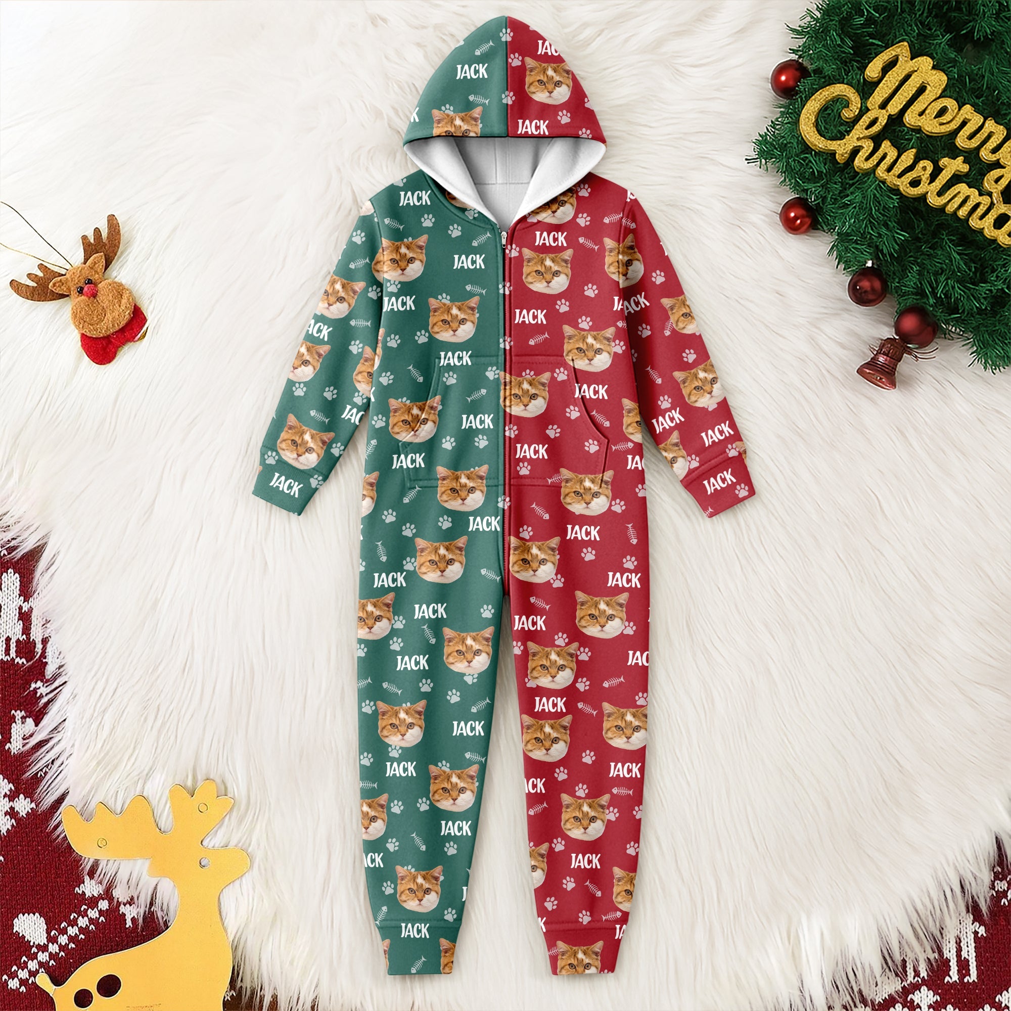 Custom Cat Face Photo Red Green Onesie Pajamas HO82 900384