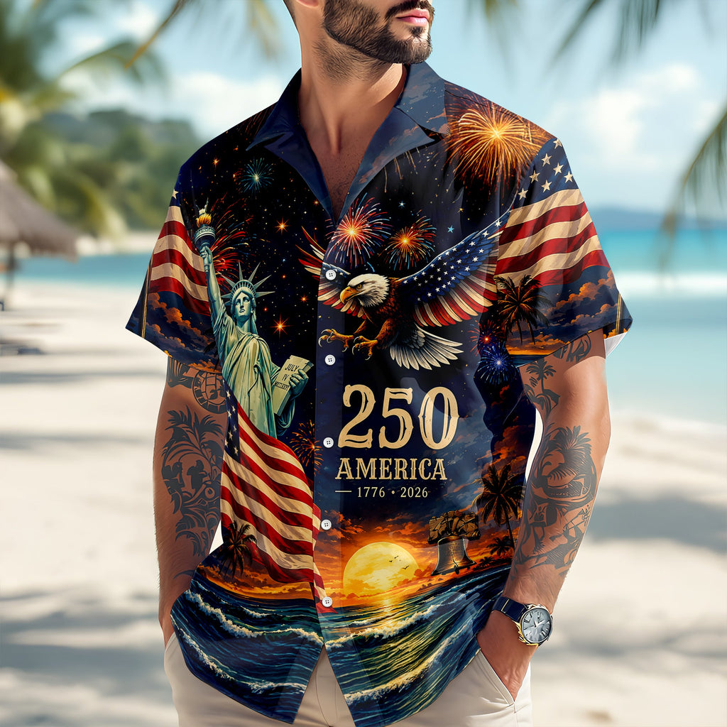 250 America 1776-2026 Patriotic US Flag & Bald Eagle Hawaiian Shirt TH10 170089