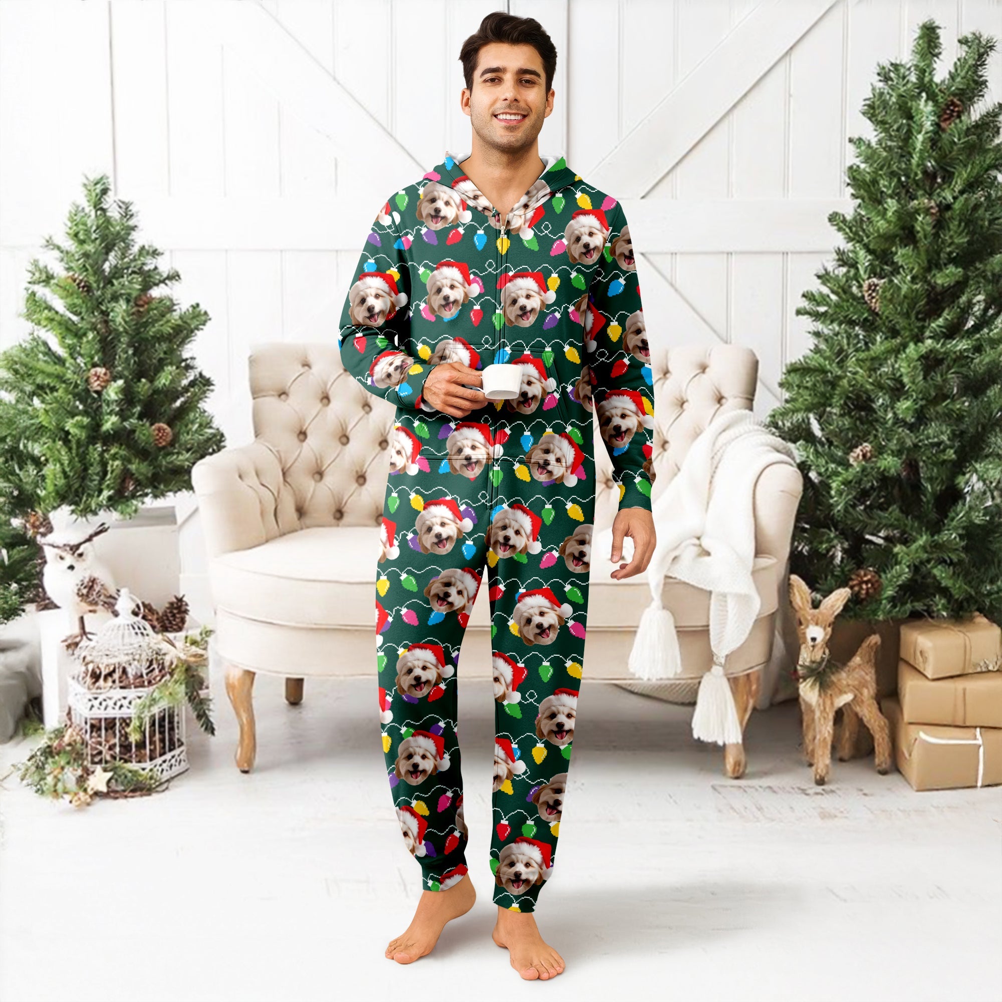 Custom Dog Face Photo With Colorful Christmas Lights Onesie Pajamas HO82 900200