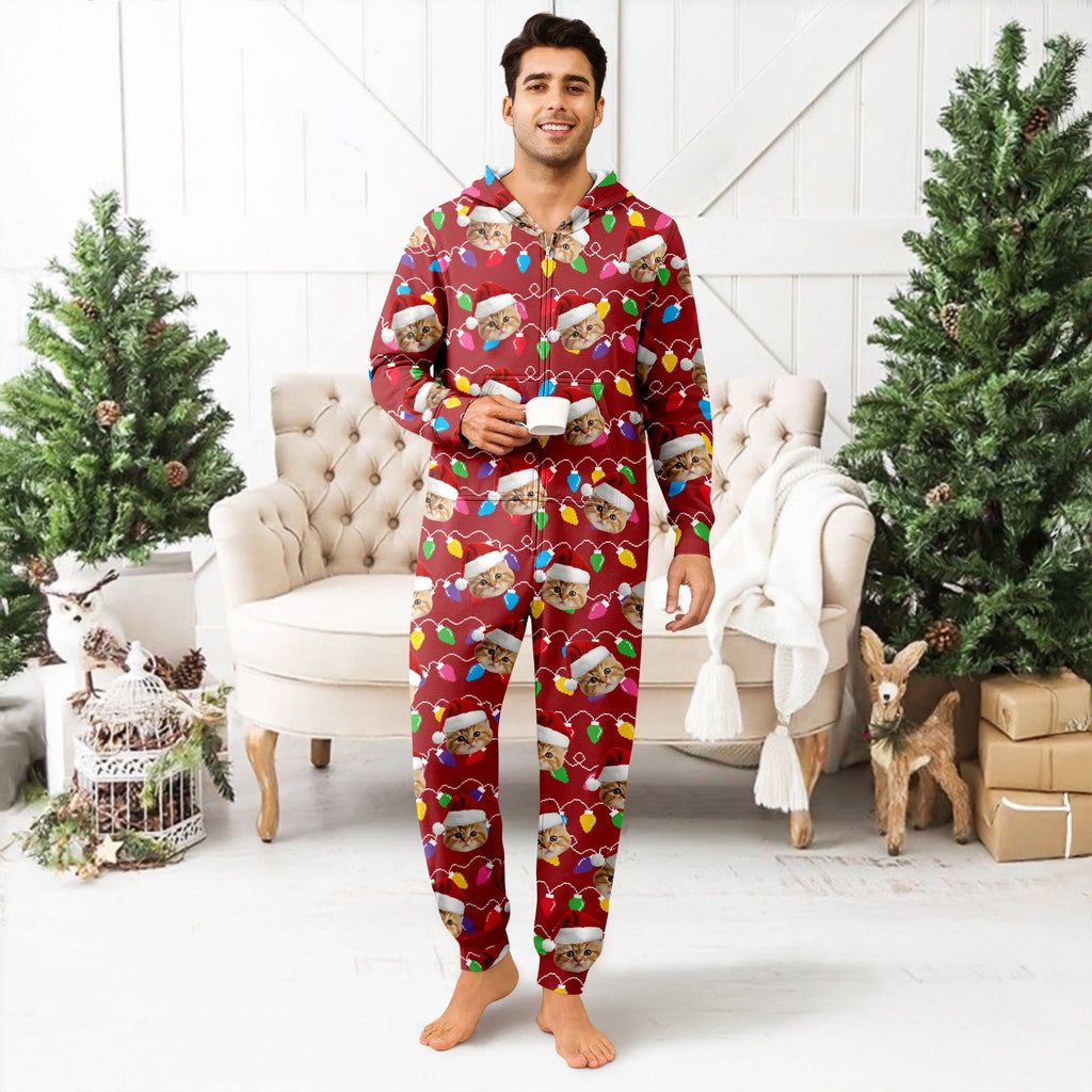 Custom Cat Face Photo With Colorful Christmas Lights Onesie Pajamas HO82 900202