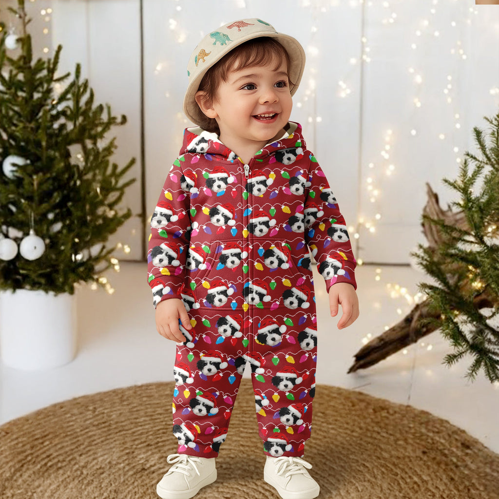 Custom Dog Face Photo With Colorful Christmas Lights Onesie Pajamas HO82 900200