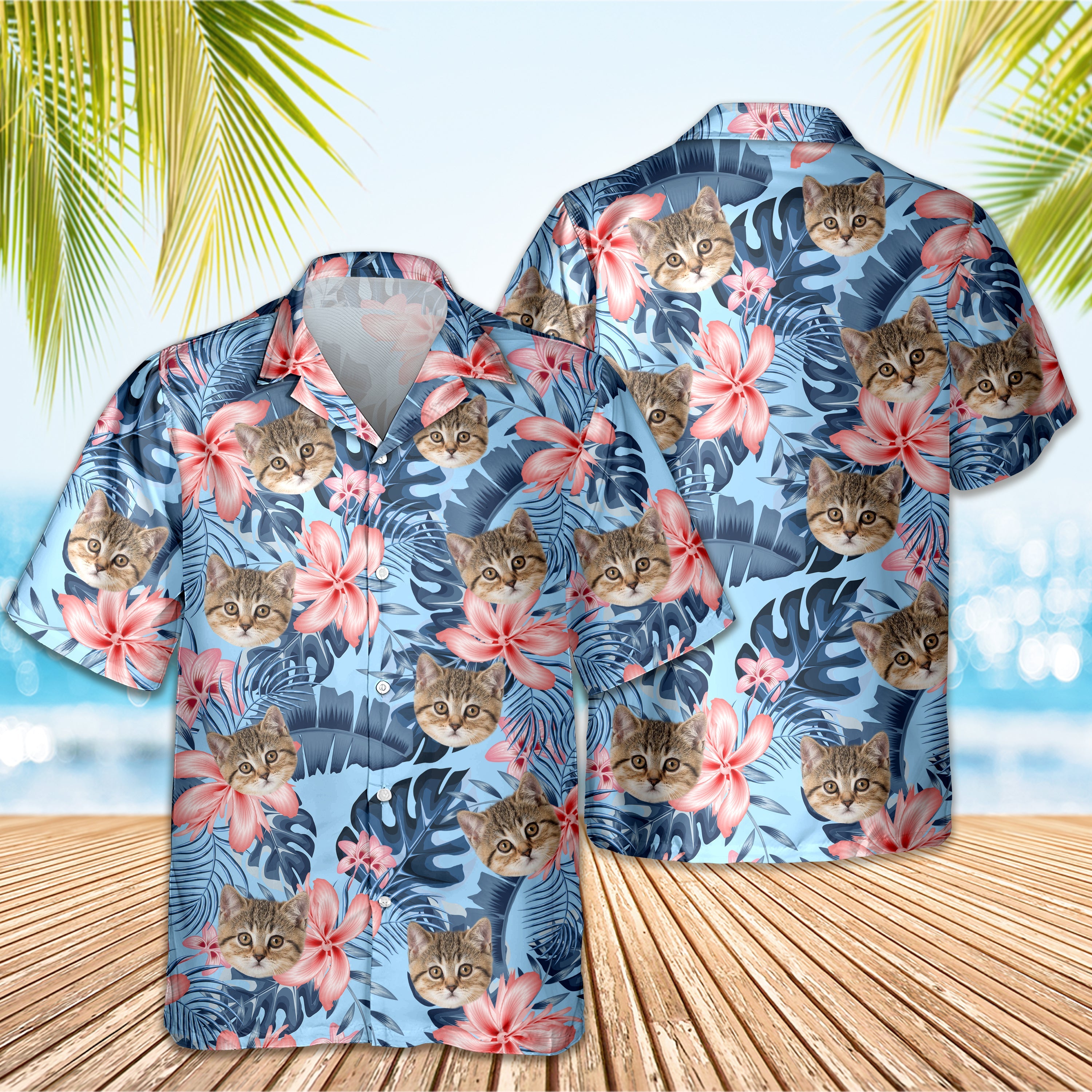 Custom Photo Funny Face Cat Tropical Floral Hawaii Shirt HA75 892262