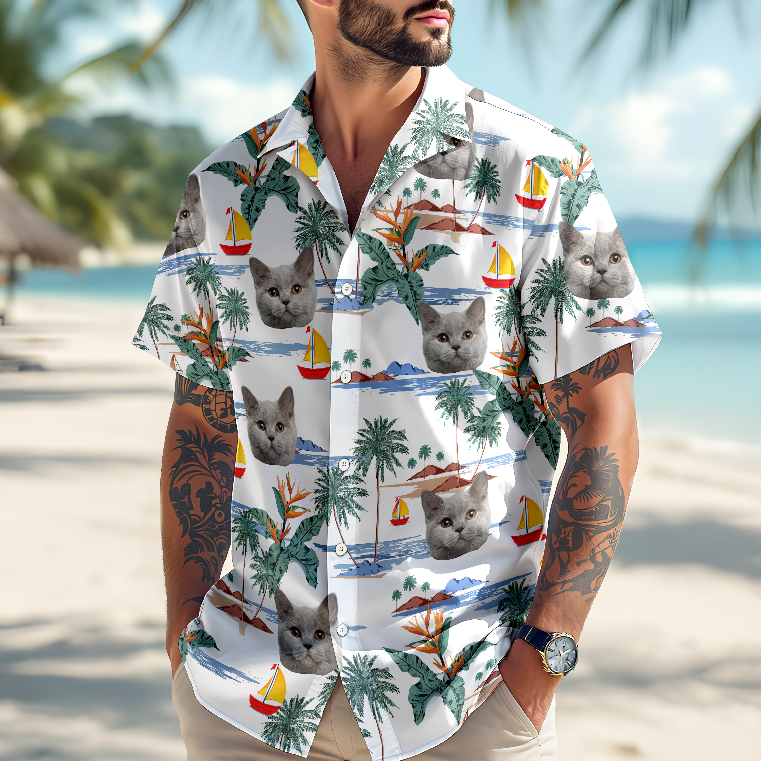 Custom Cute Cat Face Tropical Summer Vibe Hawaii Shirt LM32 893415