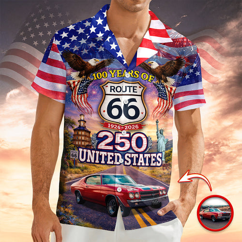 Celebrate 100 Years of Road Route 66 and America 250th Anniversary Custom Car Photo Hawaiian Shirt CH07 910378