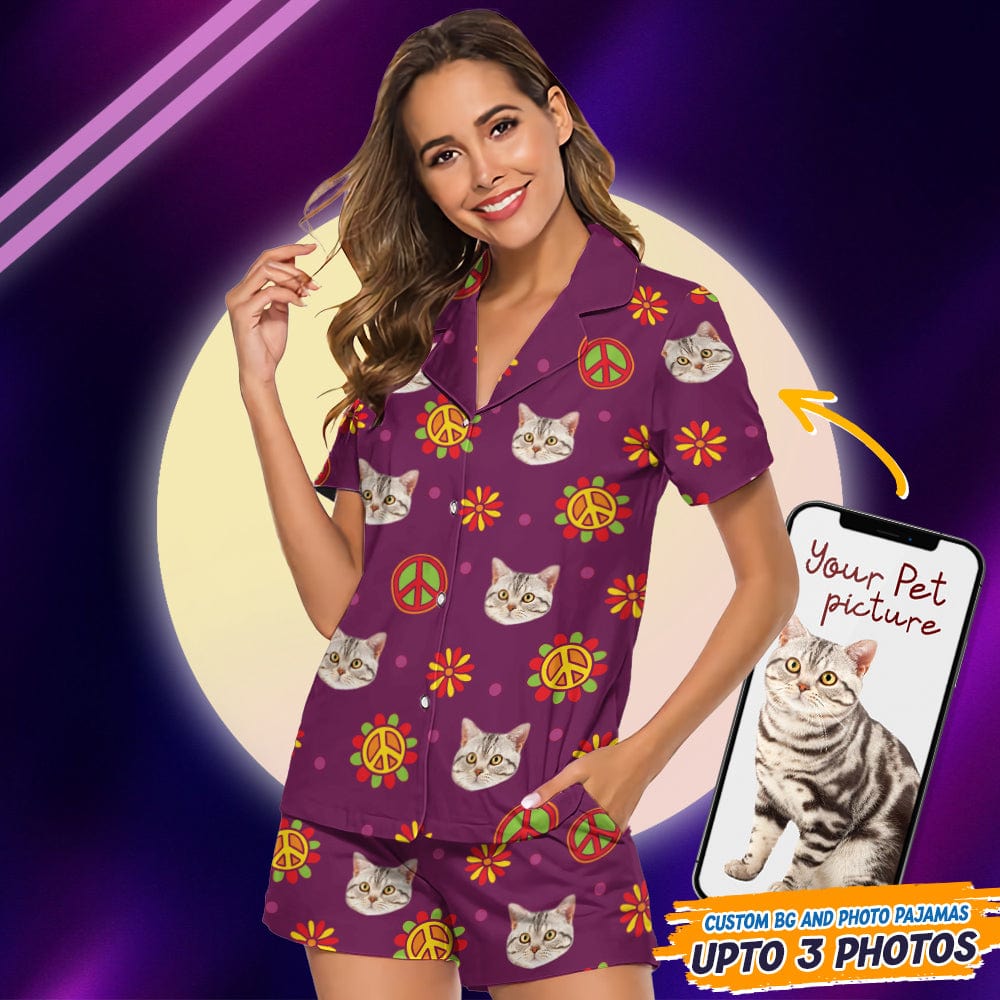 Custom Cat Photo Hippie Short Pajamas T368 888888