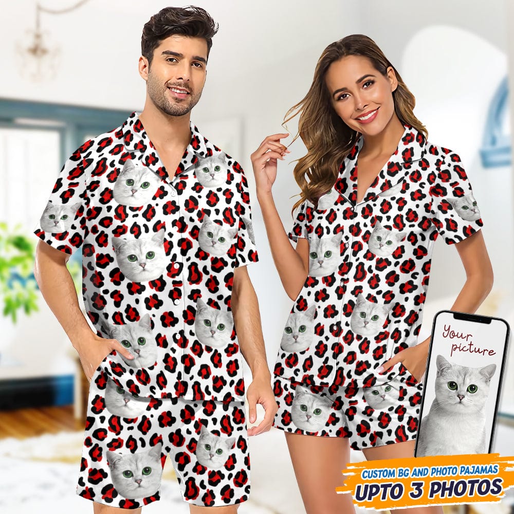 Custom Cat Photo With Animal Print Pattern Short Pajamas T368 888898