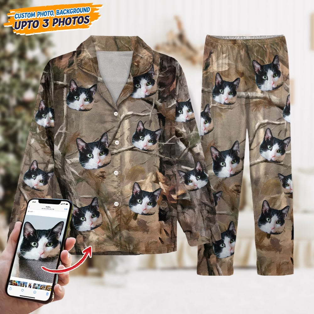 Custom Cat Photo With Camo Background For Cat Lover Pajamas N304 888780