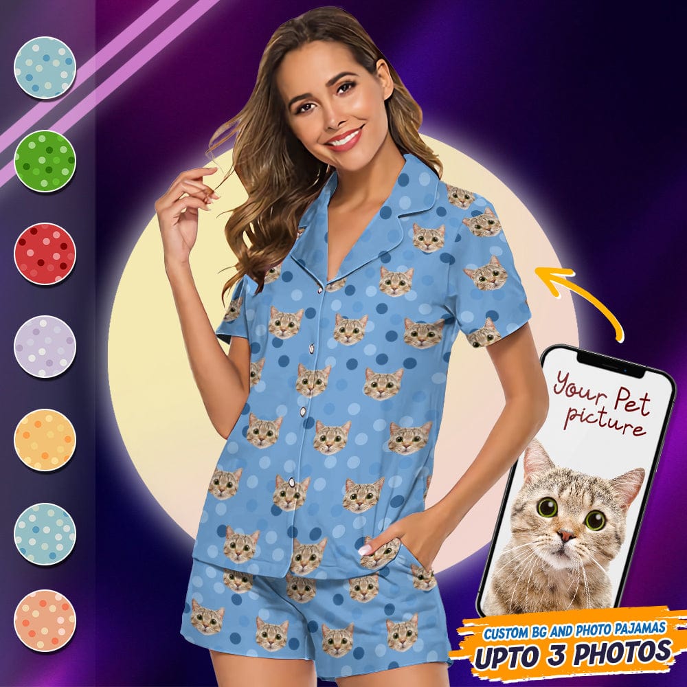 Custom Cat Photo With Polka Dots Pattern Short Pajamas T368 888886