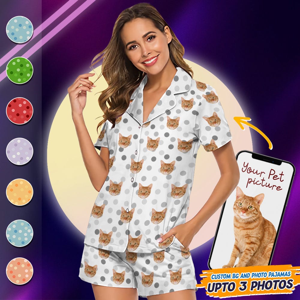 Custom Cat Photo With Polka Dots Pattern Short Pajamas T368 888886