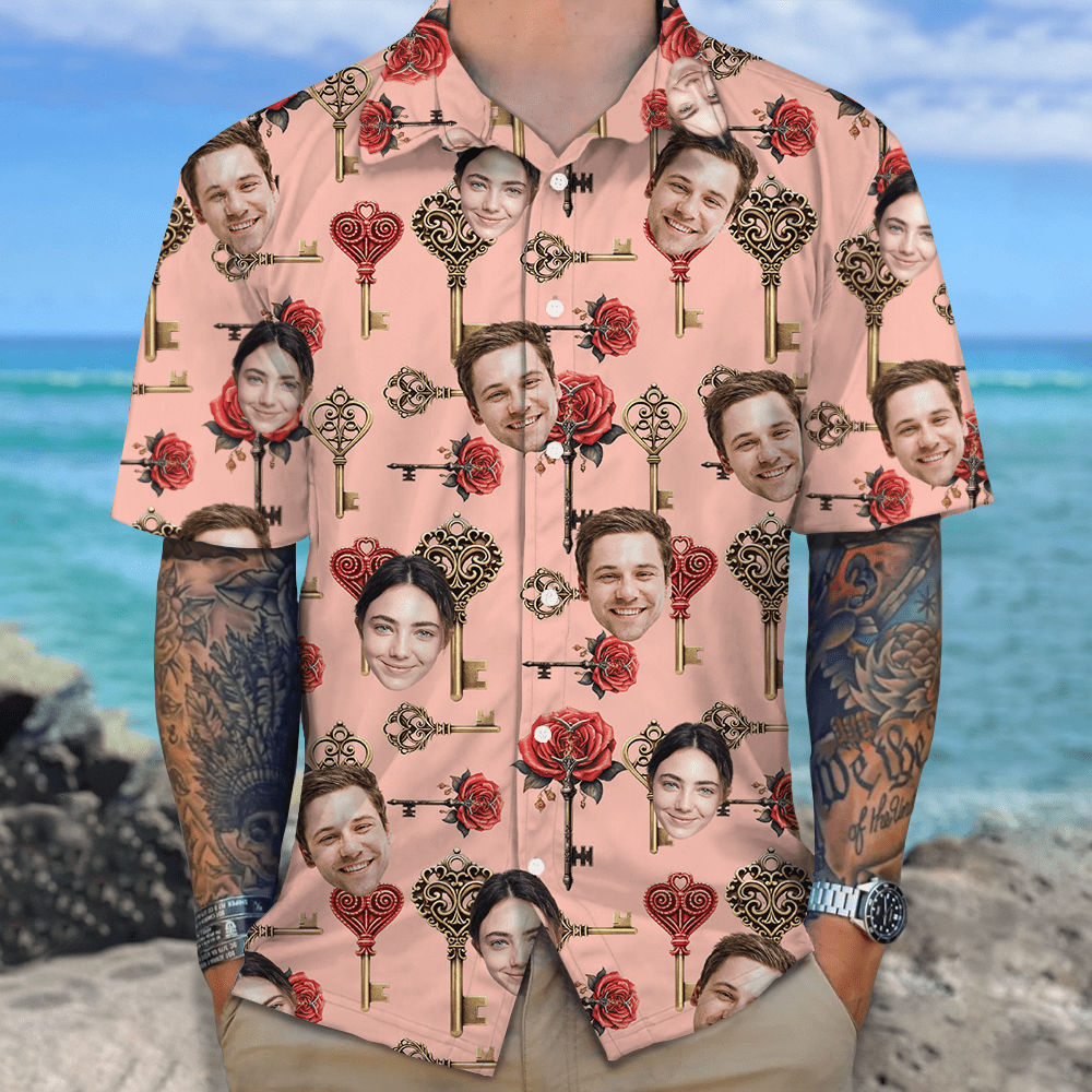 Custom Couple Photo Roses Heart Shaped Key Valentines Hawaii Shirt LM32 893013