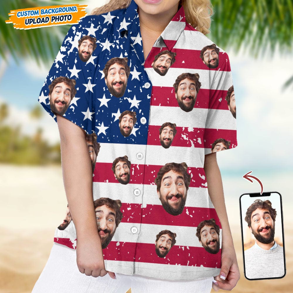 Custom Face Photo With US Flag Vertical Stripes Women's Hawaii Shirt TA29 889330