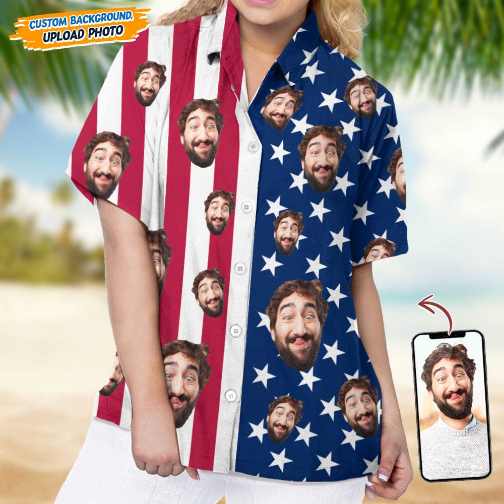 Custom Face Photo With US Flag Vertical Stripes Women's Hawaii Shirt TA29 889330