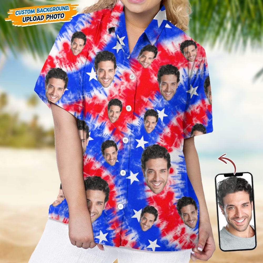 Custom Face Photo With US Flag Vertical Stripes Women's Hawaii Shirt TA29 889330