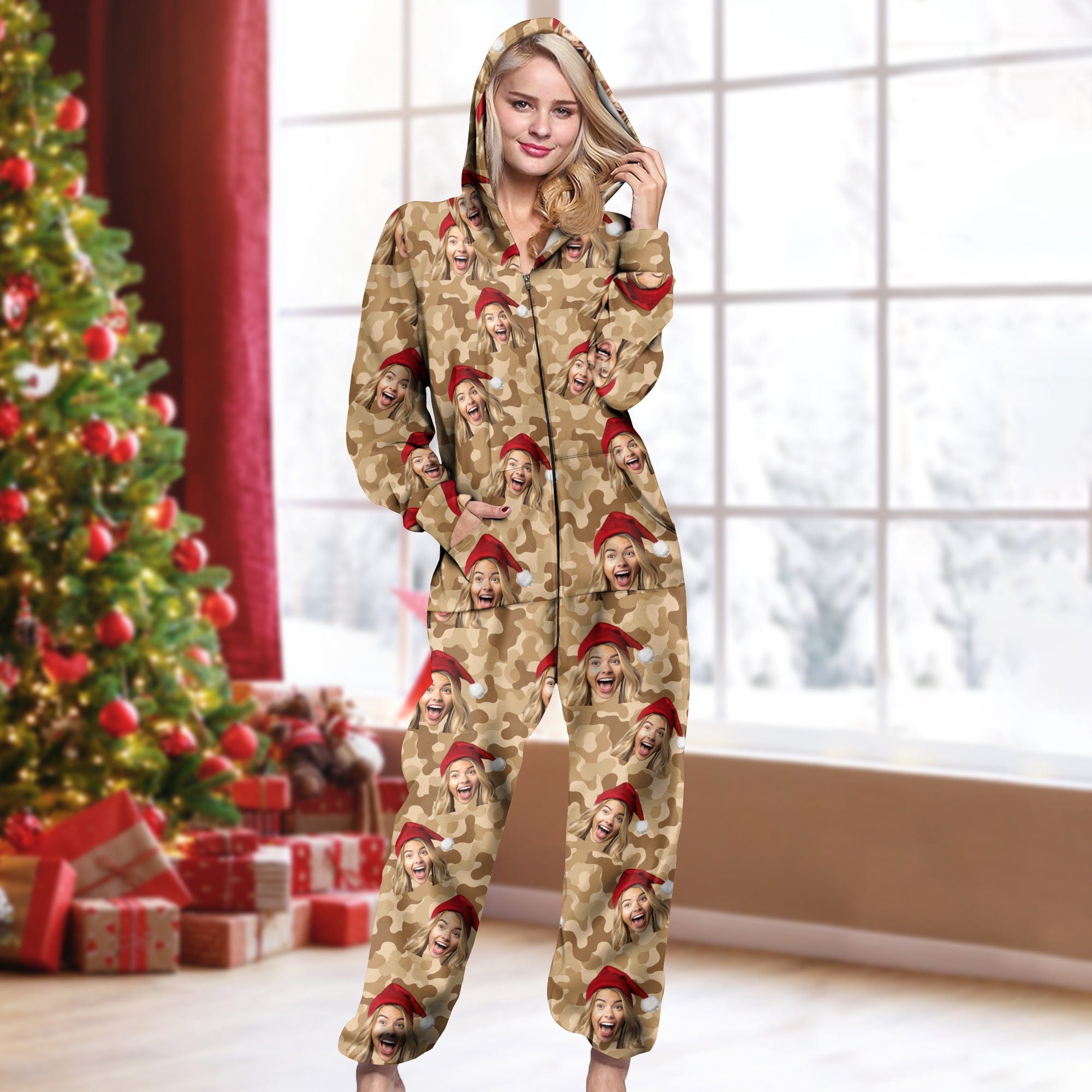 Custom Human Face Photo With Camo Background Onesie Pajamas HO82 893378