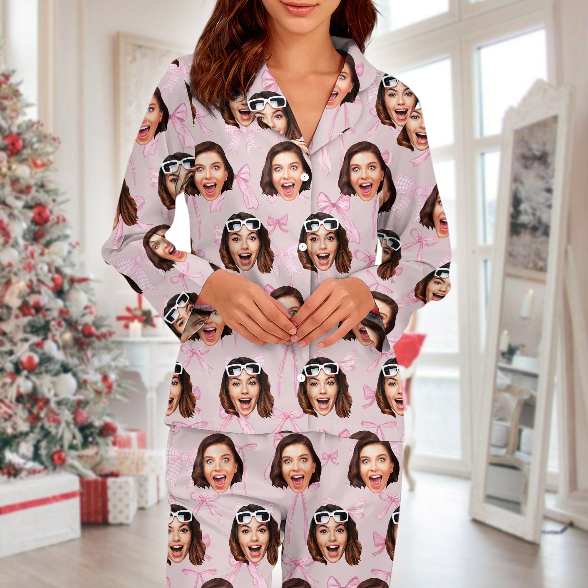 Custom Photo Coquette Bows Christmas Pajamas For Bestie LM32 891987
