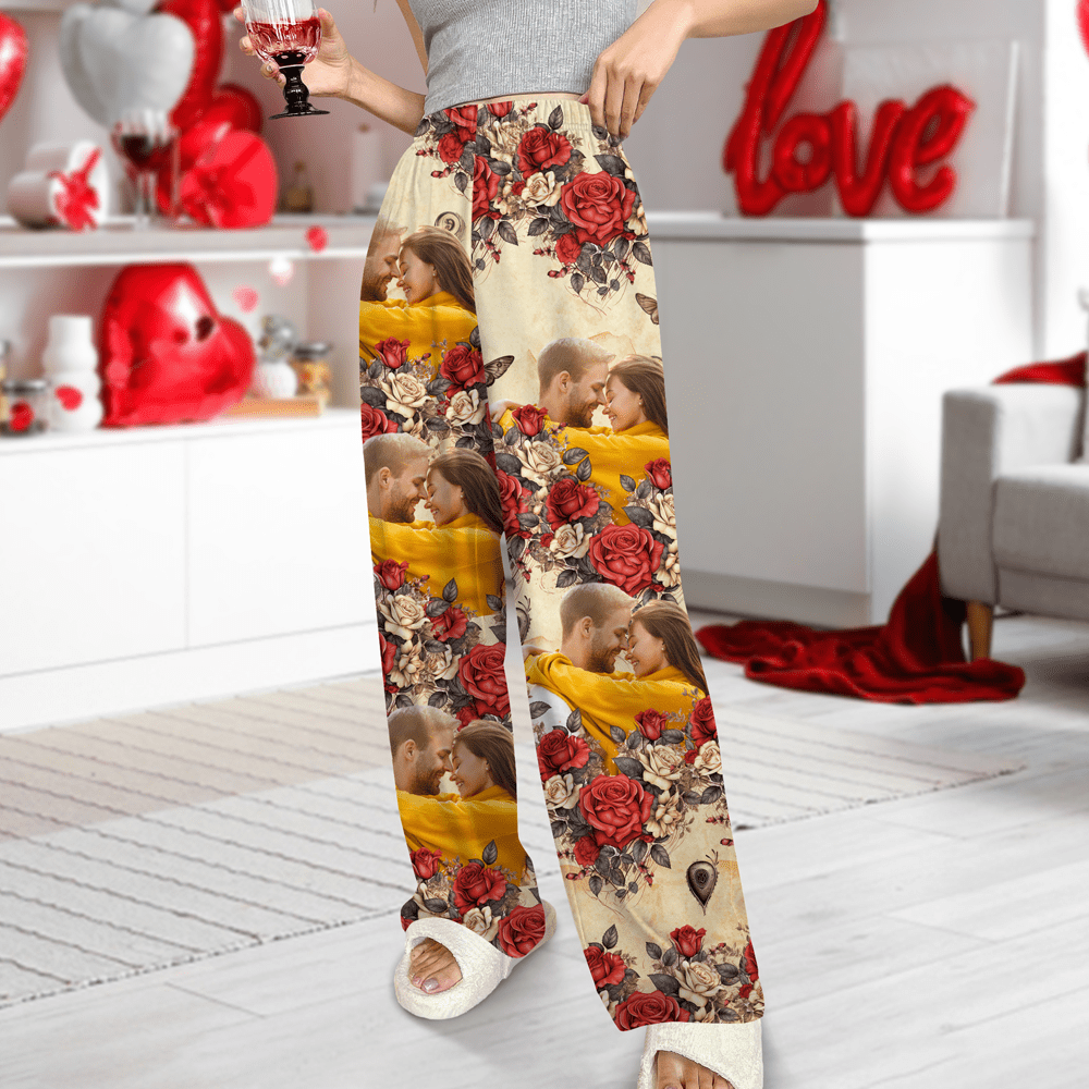 Custom Photo Vintage Butterfly Roses Couple Pajamas Gift For Valentine's Day HO82 893382