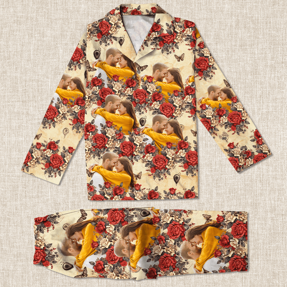 Custom Photo Vintage Butterfly Roses Couple Pajamas Gift For Valentine's Day HO82 893382