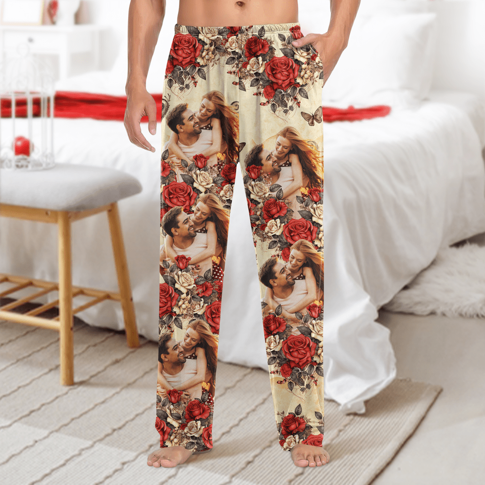 Custom Photo Vintage Butterfly Roses Couple Pajamas Gift For Valentine's Day HO82 893382