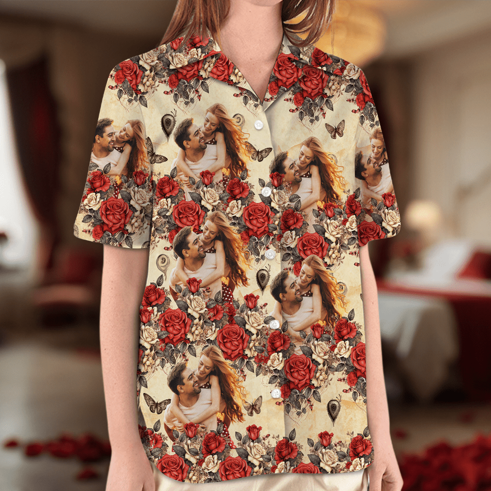 Custom Photo Vintage Butterfly Roses Hawaiian Shirt Gift For Valentine's Day HO82 893380