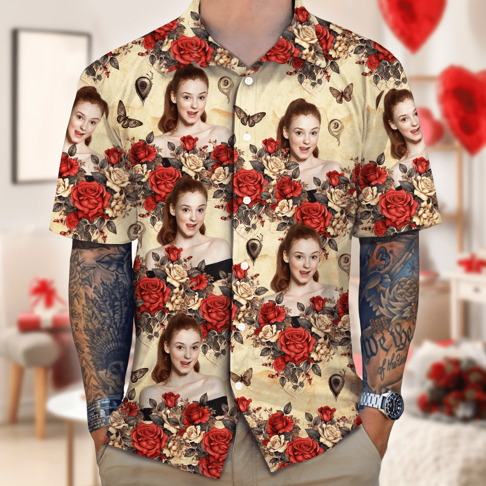 Custom Photo Vintage Butterfly Roses Hawaiian Shirt Gift For Valentine's Day HO82 893380