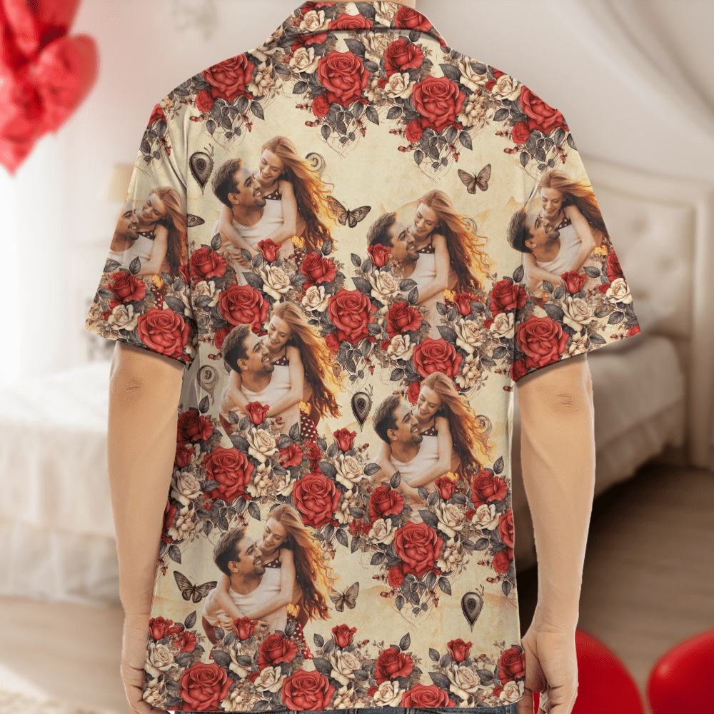 Custom Photo Vintage Butterfly Roses Hawaiian Shirt Gift For Valentine's Day HO82 893380