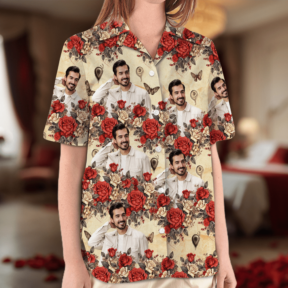 Custom Photo Vintage Butterfly Roses Hawaiian Shirt Gift For Valentine's Day HO82 893380
