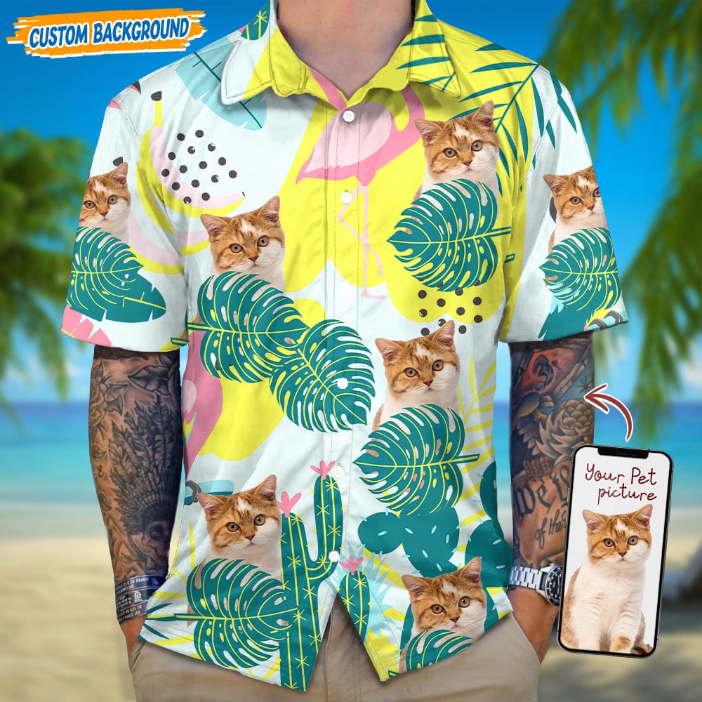 Personalized Upload Dog Cat Photo Flamingo And Leaves Hawaiian Shirt T368 889464