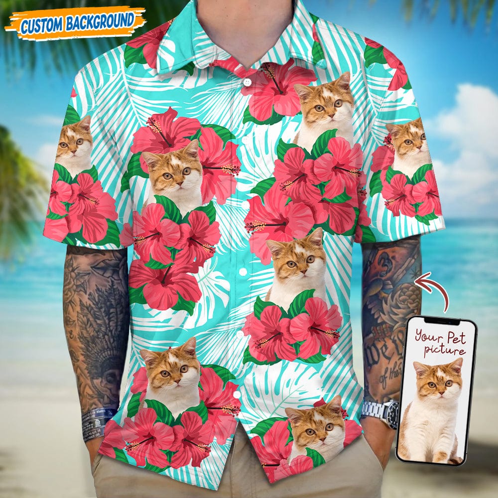 Upload Dog Cat Photo With Red Hibiscus Flower Pattern Hawaiian Shirt T368 889470