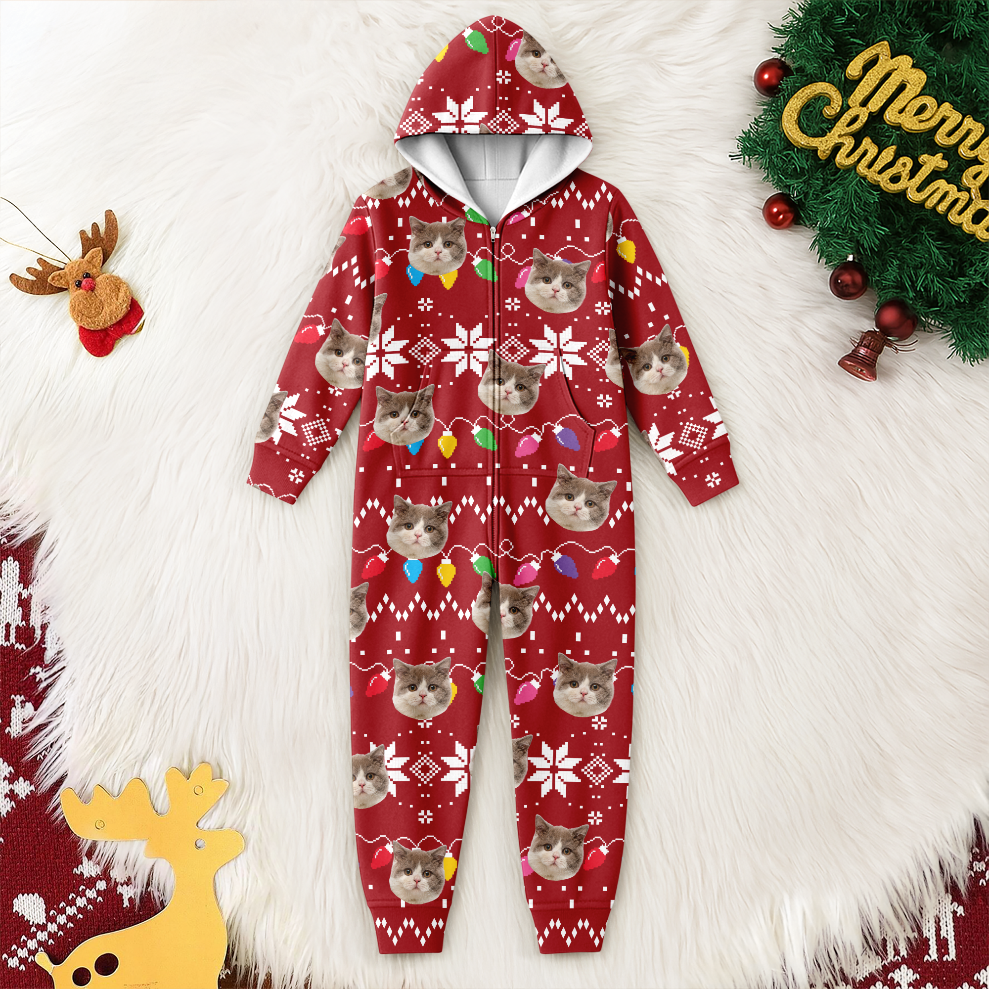 Custom Cat Face Funny Christmas Lights Onesie Pajamas HO82 900392