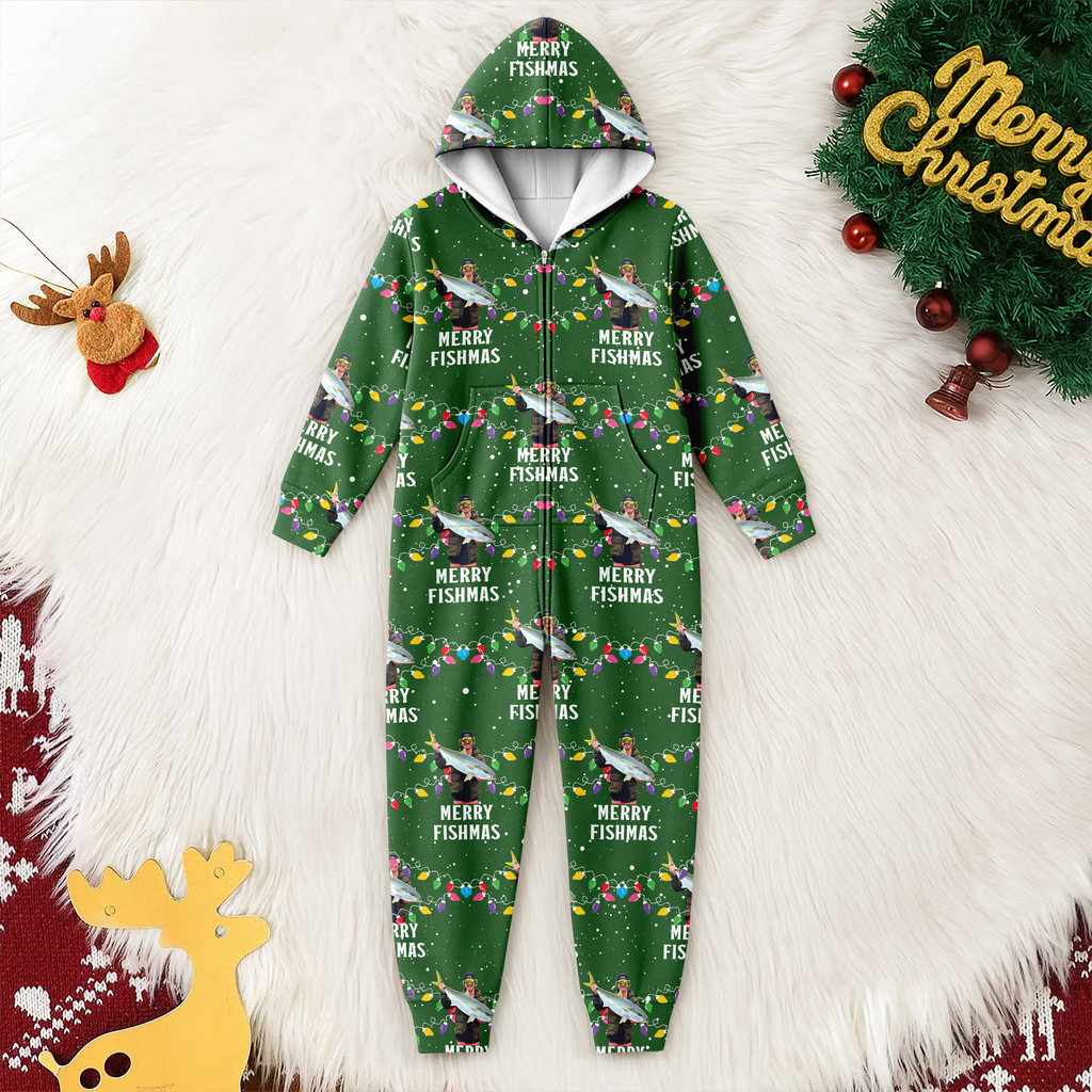 Custom Photo Merry Fishmas Onesie Pajamas, Christmas Gift For Family, Fishing Lovers HO82 900632